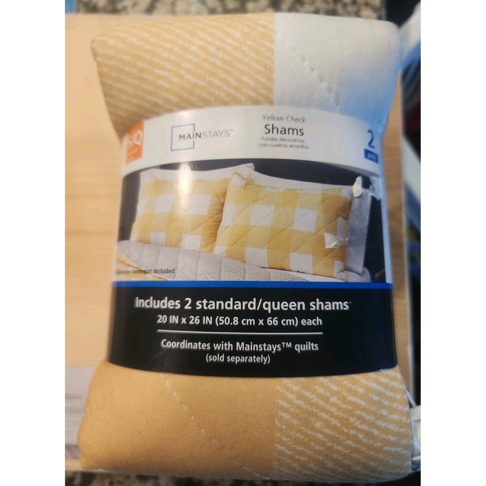 Mainstays Standard/Queen Quilted Pillow Shams 2 Yellow Check New